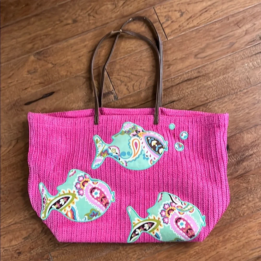 Vera Bradley Pink Fish Patterned Tote beach Bag - Picture 1 of 6